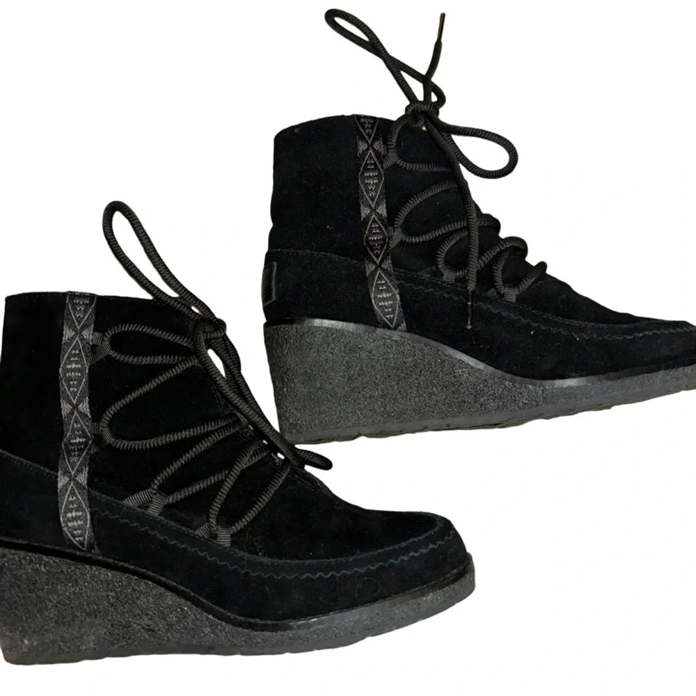 Pendleton Islegate Bootie Cork Wedge Black Suede Waterproof Plaid Wool…